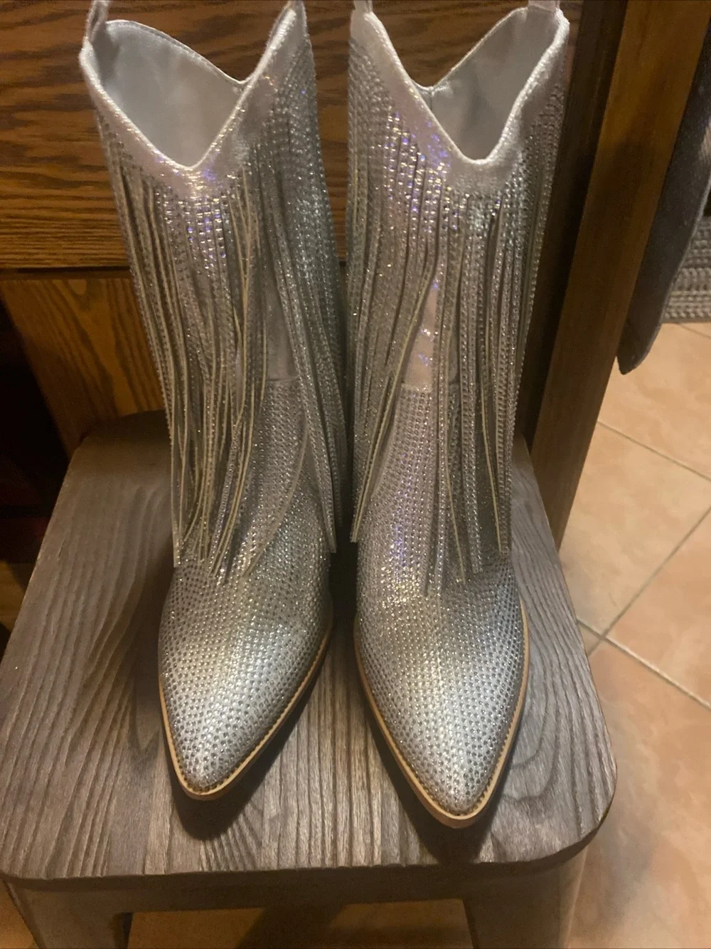 Fringe Metallic Pointed-Toe Western Ankle Boots - Silver